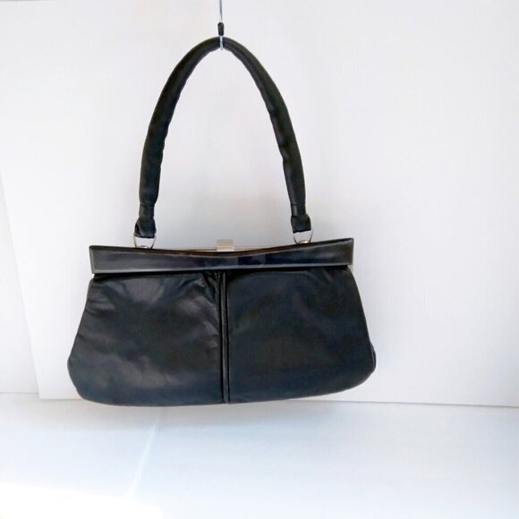 Unique Vintage Black Leather Satchel/Shoulder Frame Bag wth Chic Sleek Features - Picture 15 of 15